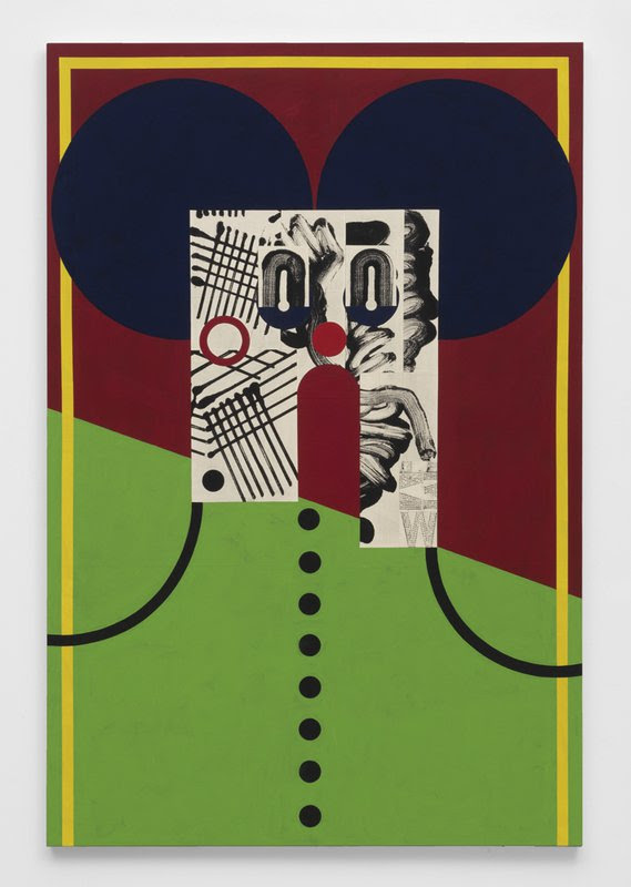 David Korty, "Torso with large blue ears #2," 2019 flashe paint on canvas with paper and crayon 72 x 48 in