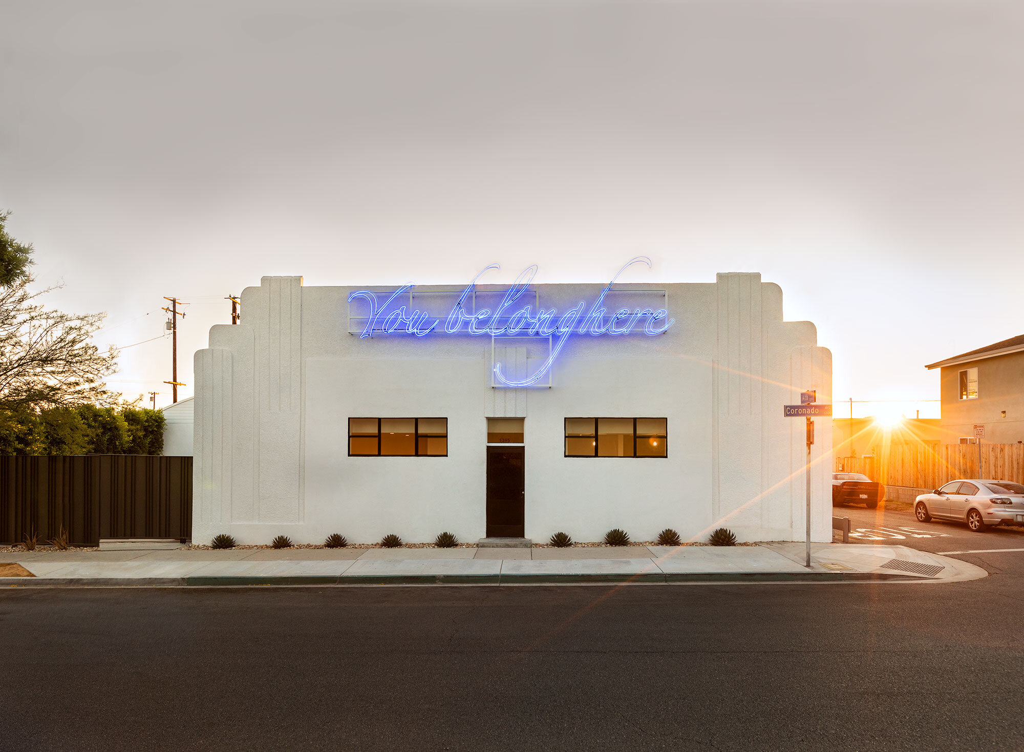 Exterior of Compound, featuring&nbsp;Tavares Strachan's&nbsp;You Belong Here (Blue #1), 2019 Compound Commission. Photo Credit: Laure Joilet