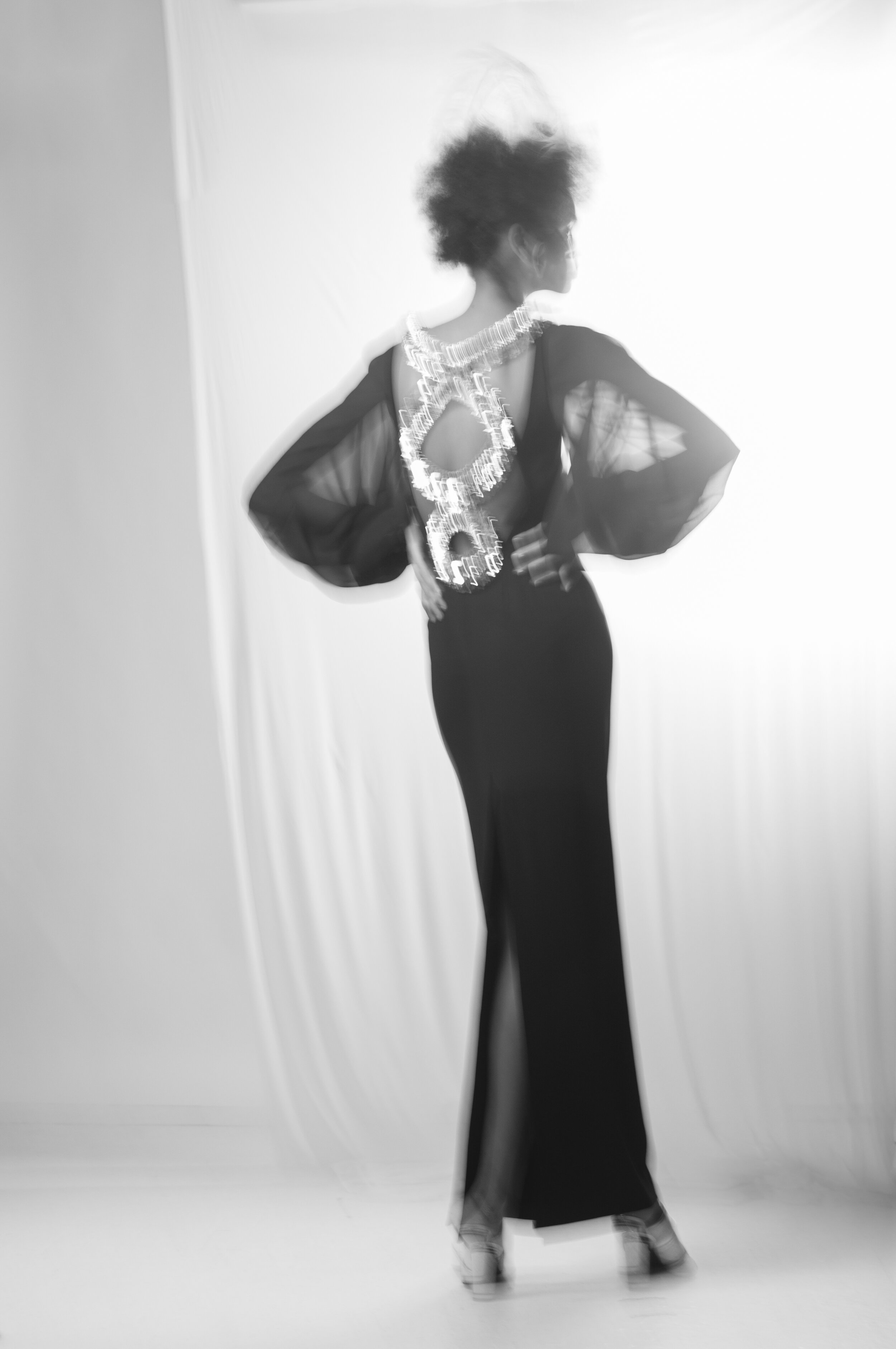 AZZARO COUTURE long drapped dress in lace all-over hand-embroidered with pearls and sequins and vintage Christian Louboutin shoes.