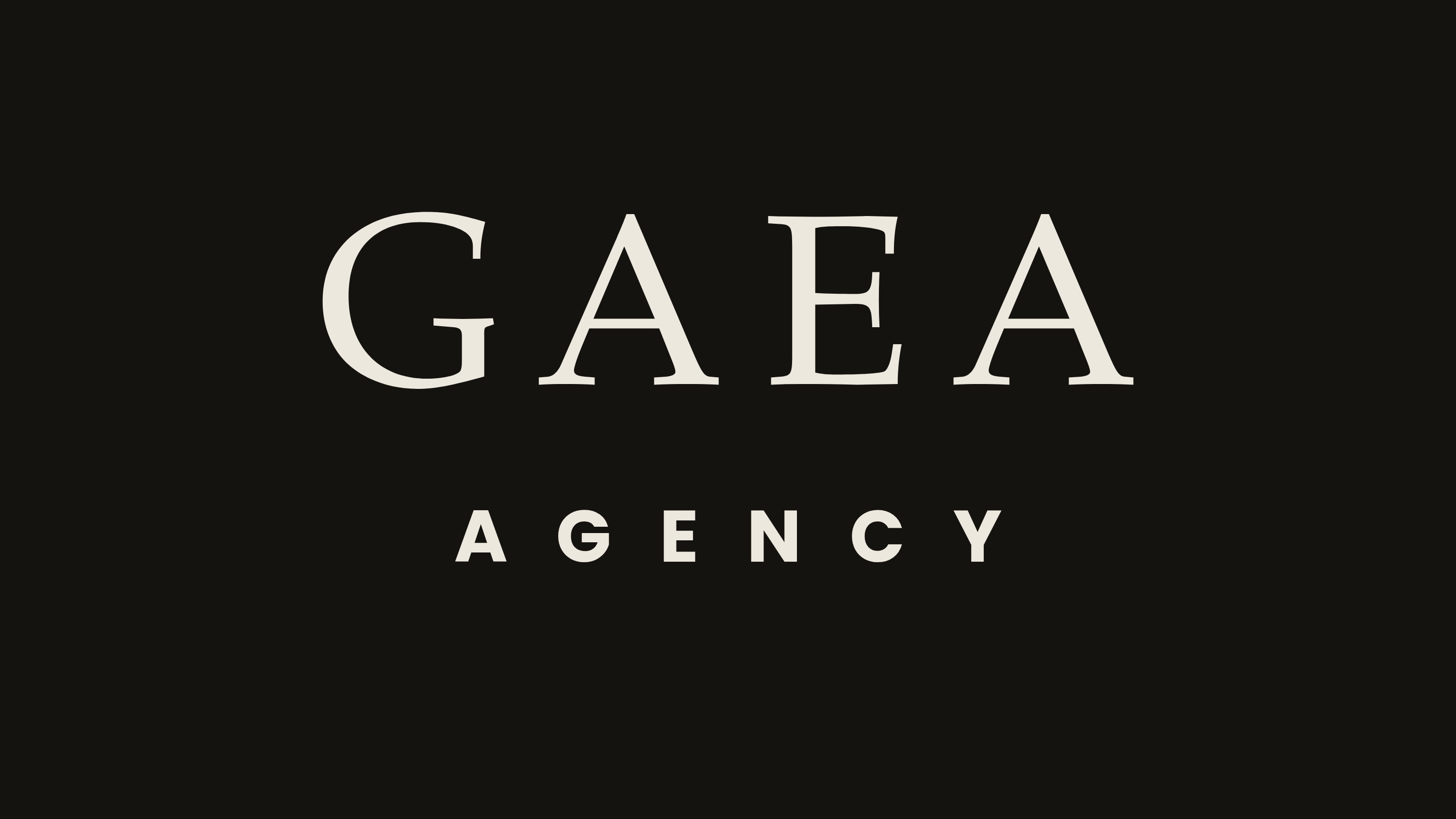 The GAEA Agency wordmark, a serif logo set in cream on black.