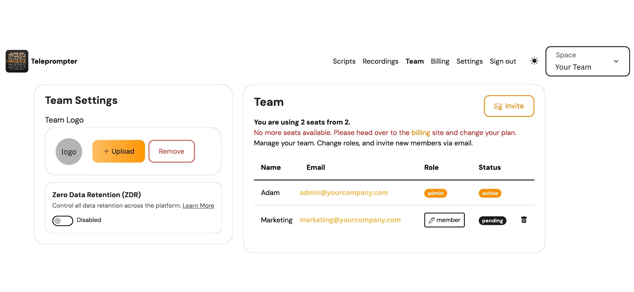 team settings