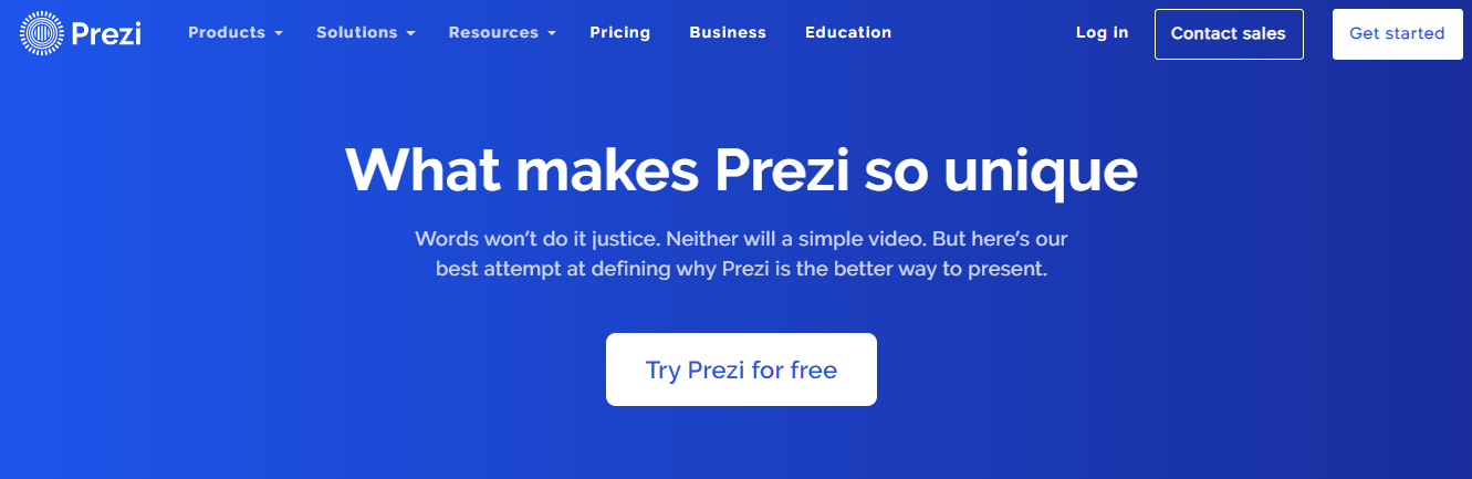 A screenshot of the Prezi product page