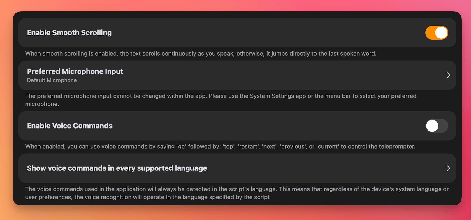 Voice Scrolling Settings