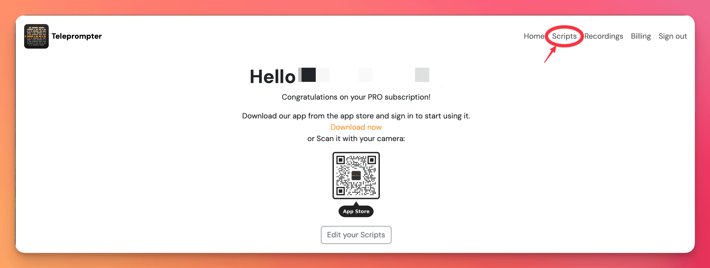 Teleprompter.com PRO subscription landing page