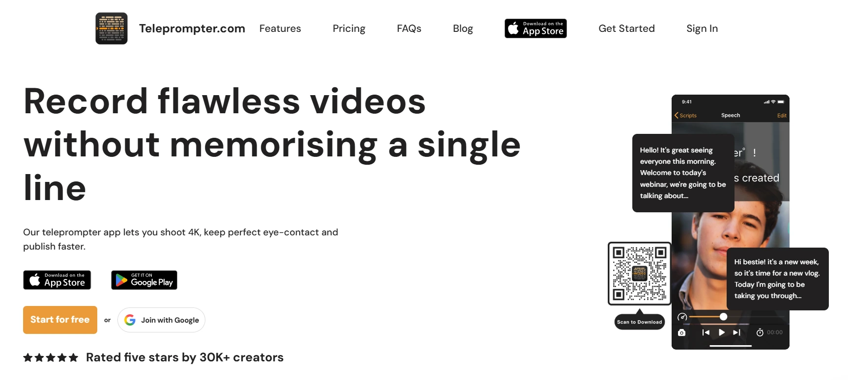Teleprompter.com Home Page screen, tool for interactive virtual presentation