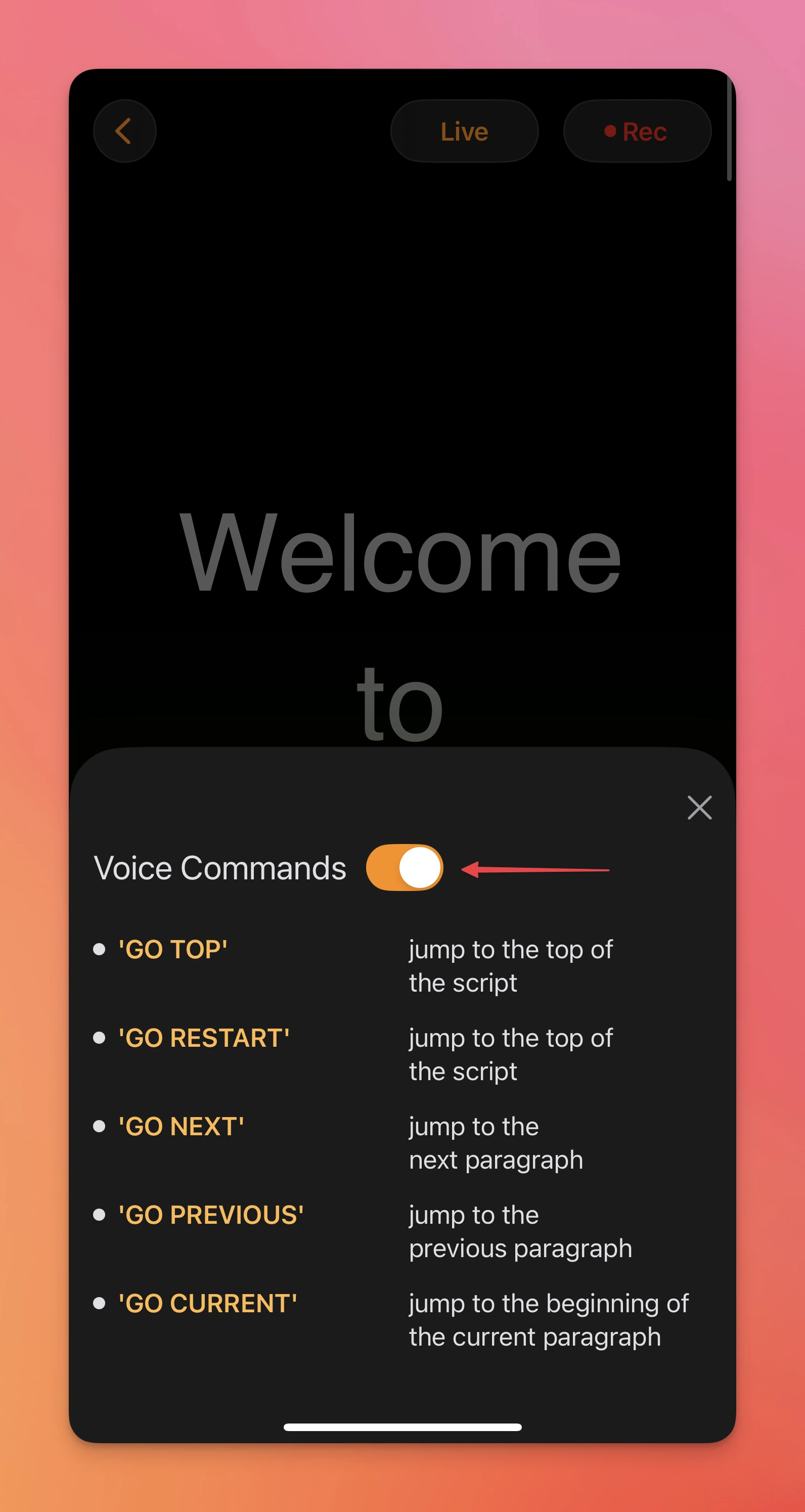 Voice Command Options of Teleprompter.com