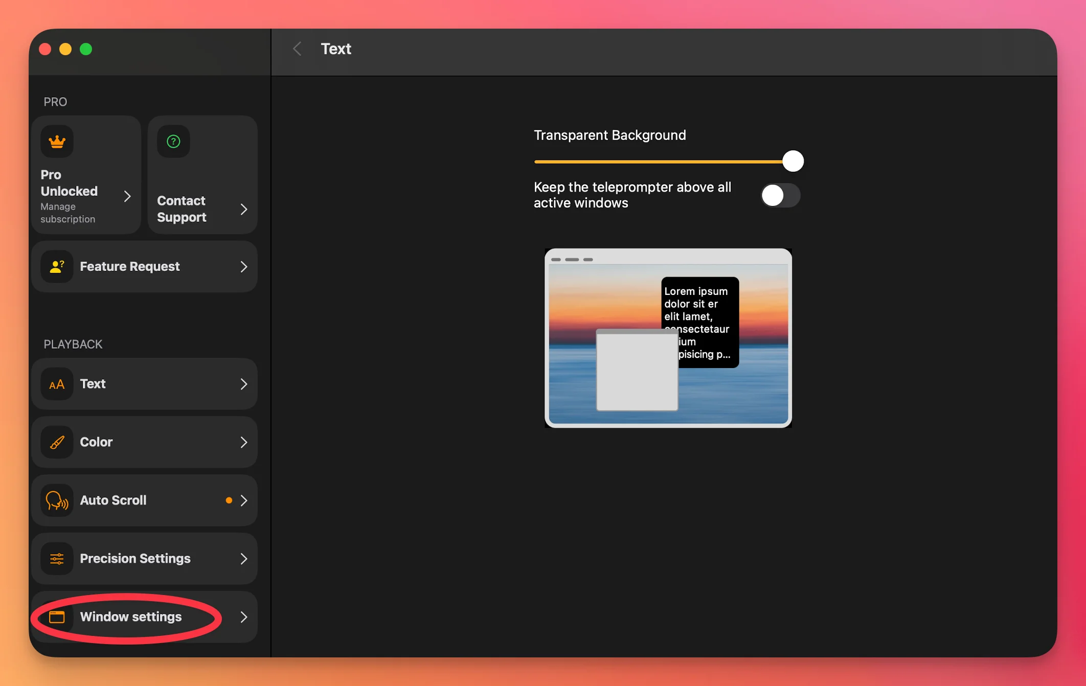 transparency of the scrolling window in the teleprompter app