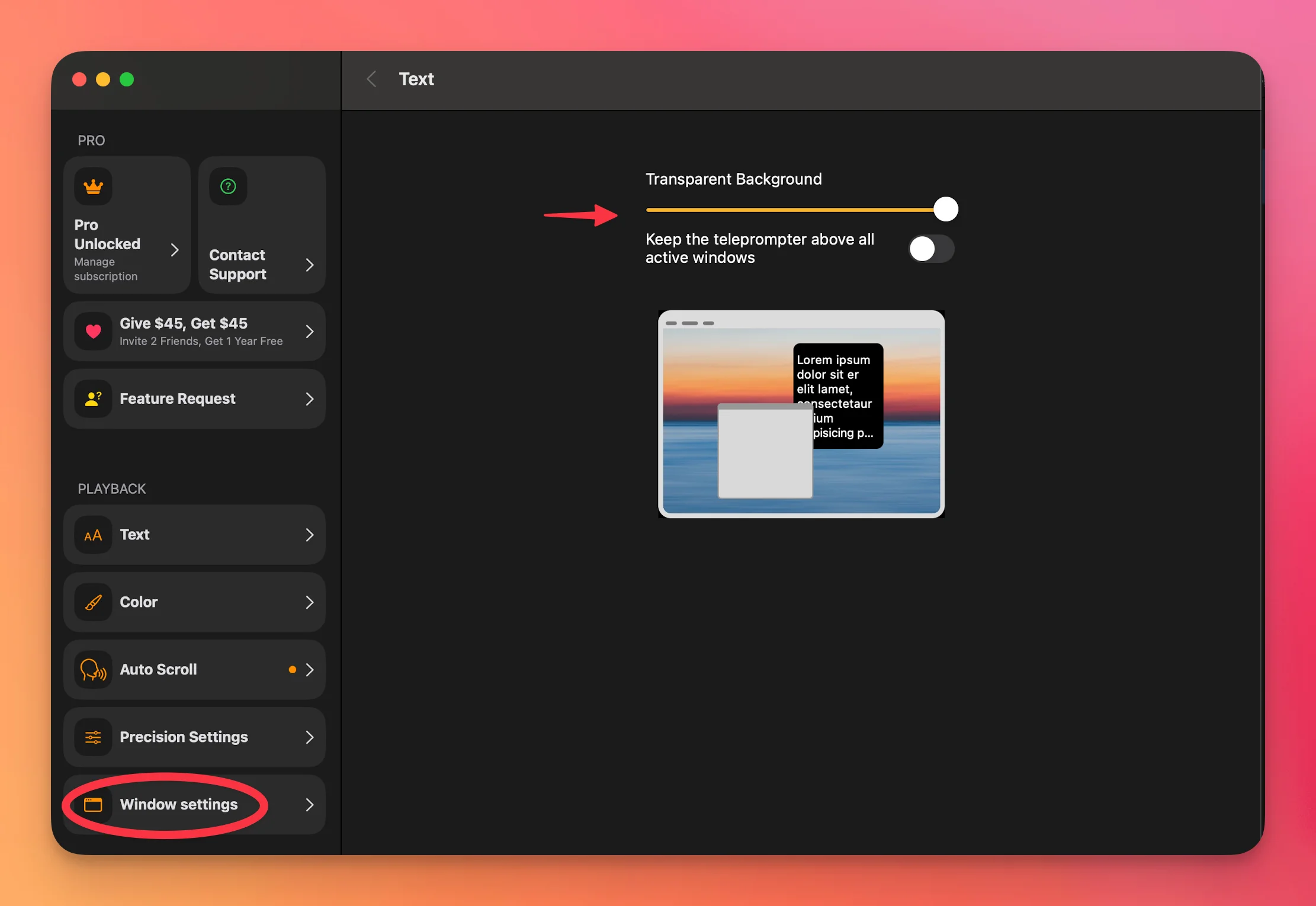 Teleprompter.com transparency slider