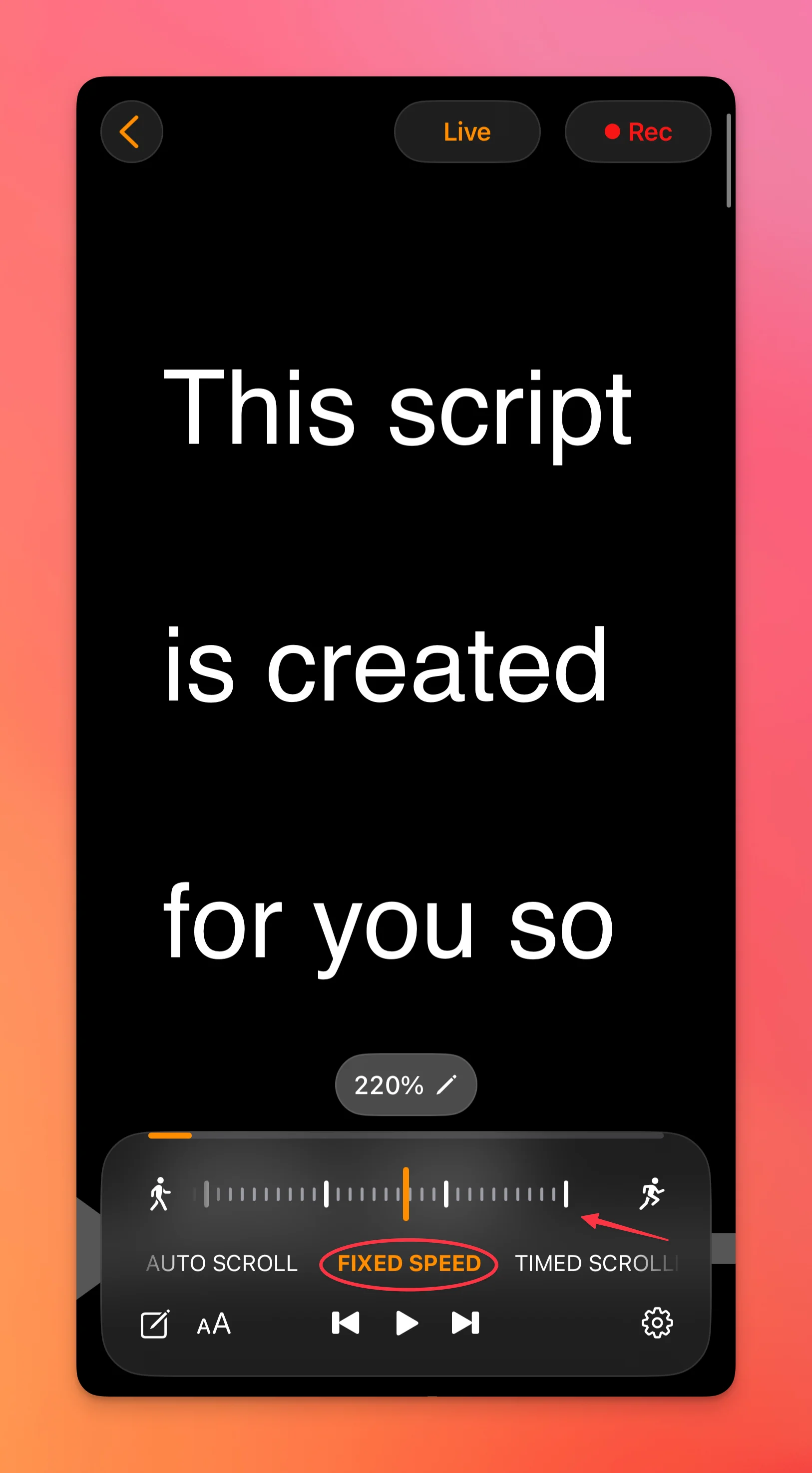 adjusting scrolling speed on teleprompter app