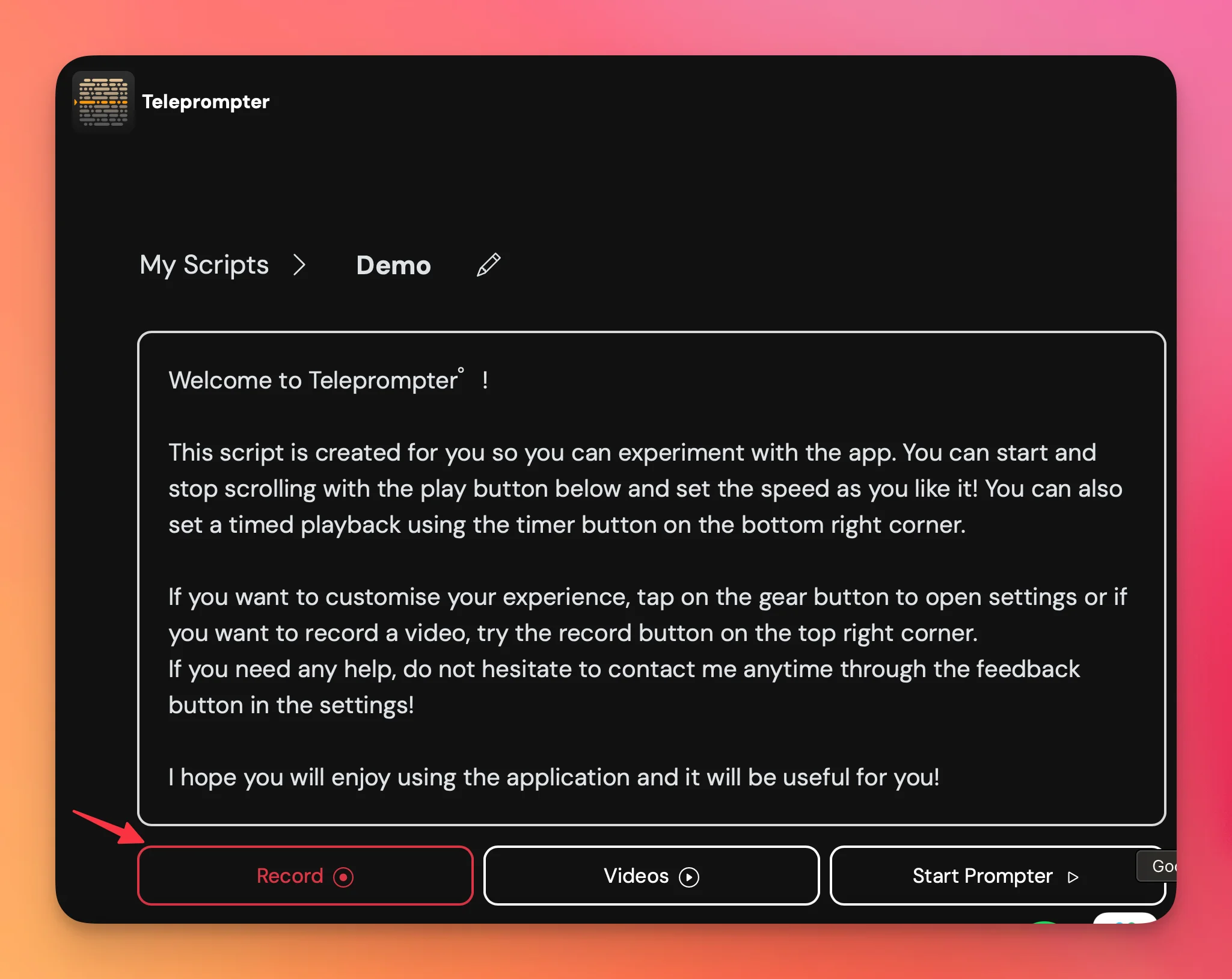 Teleprompter.com web browser record button