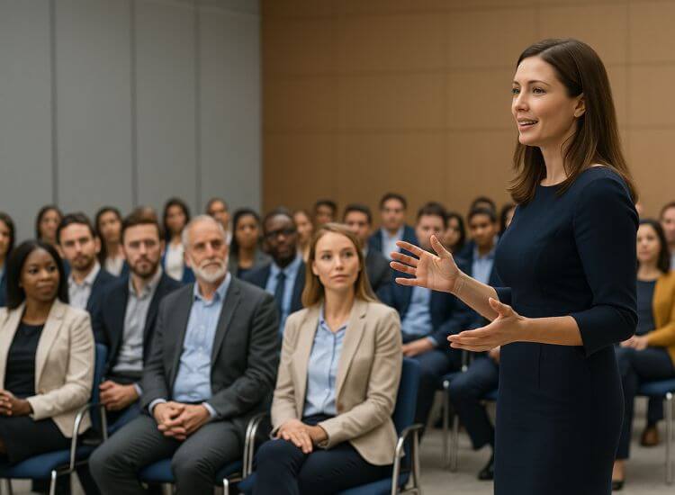 a presenter giving a presentation to an audience