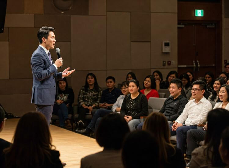 a speaker showing confidence in speaking