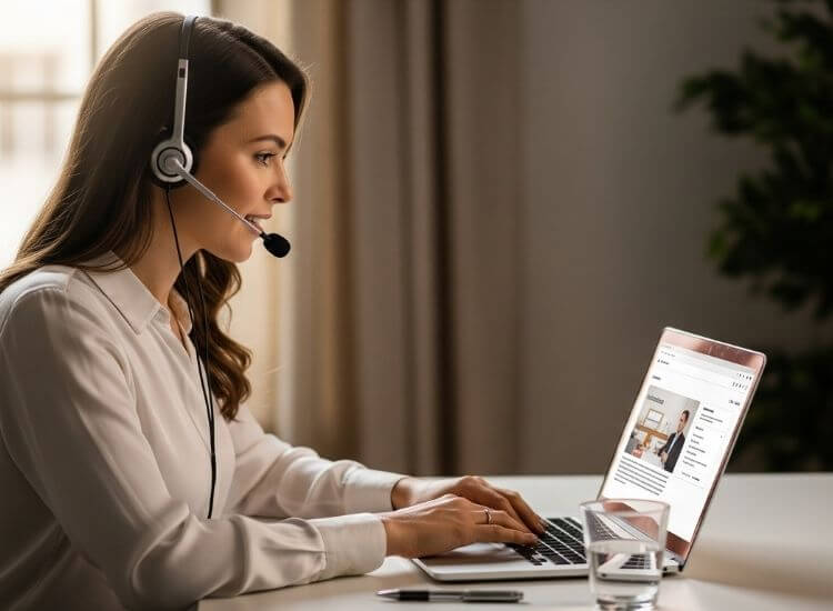 Presenter using a headset, laptop, and natural lighting during a webinar session