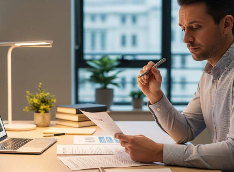 A speaker preparing for a presentation by researching audience interests and reviewing notes
