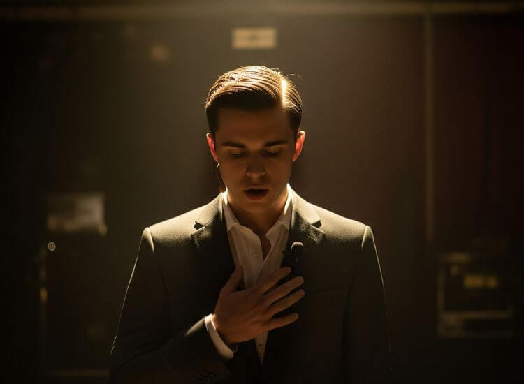 A nervous beginner speaker practicing deep breathing backstage before presenting to an audience.
