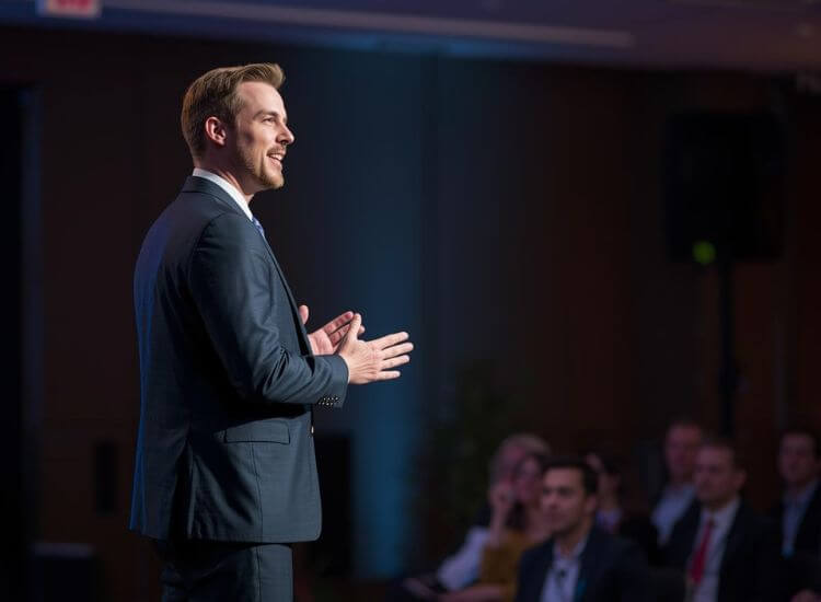 A speaker interacting with an engaged audience, using storytelling and questions to maintain attention.