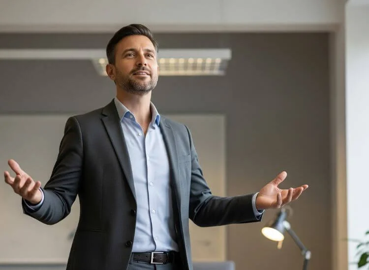 A speaker practicing open posture with shoulders relaxed and head aligned.