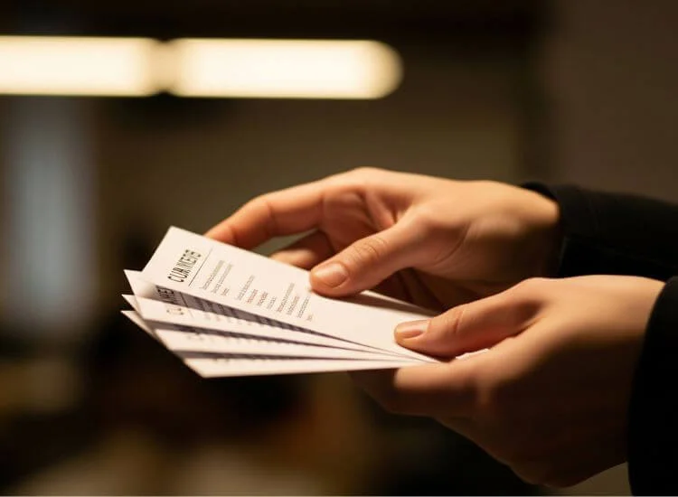 a person holding cue cards