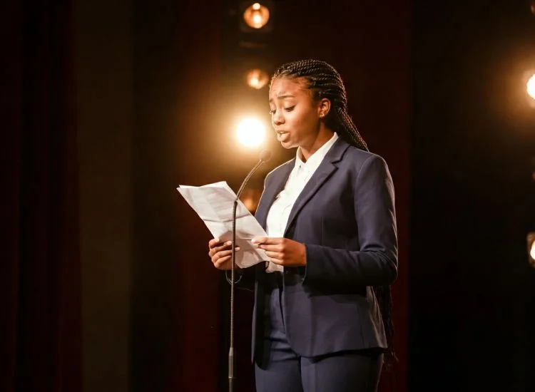 presenter looking at notes while delivery of speech