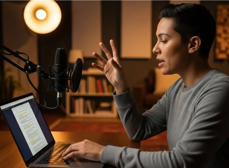 woman reading video script on laptop