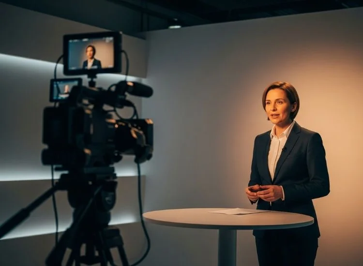 presenter delivering a message in front of a camera