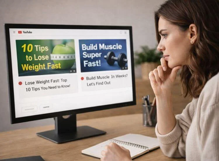 YouTube titles and thumbnails showing on computer screen