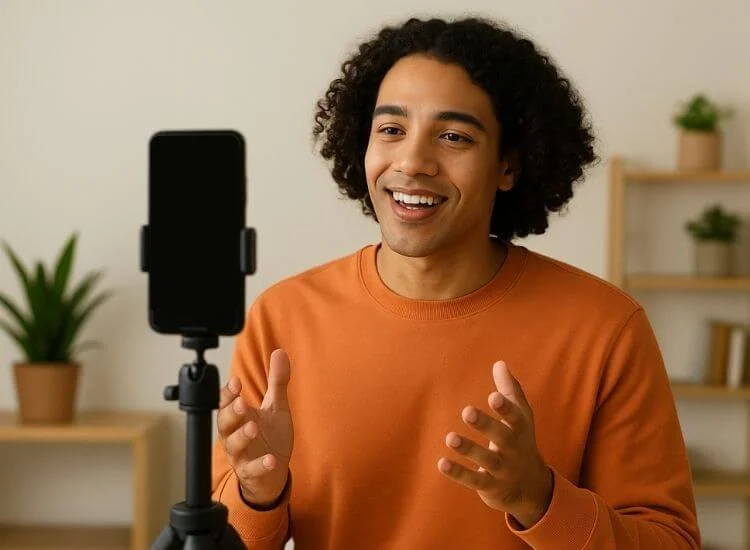 content creator recording a video with teleprompter app on smartphone