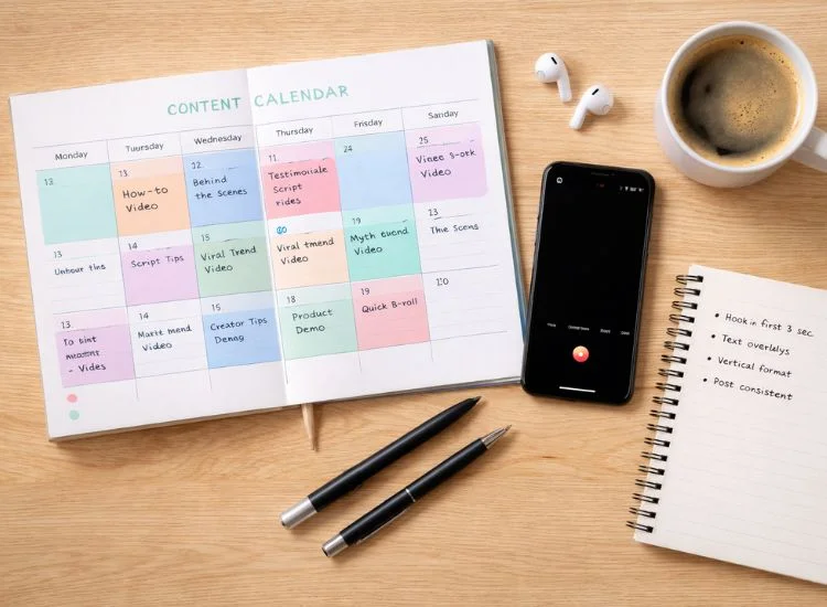 content calendar, phone, and notebook