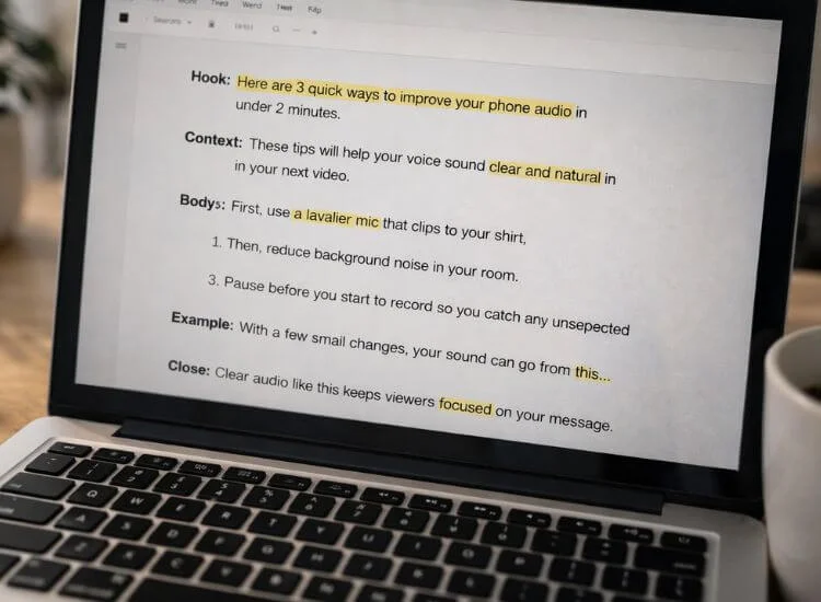 preparing talking head video script on laptop