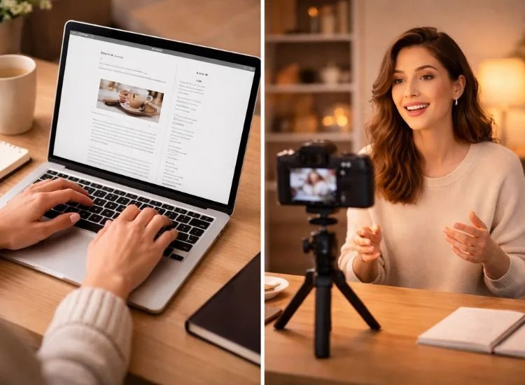 split screen showing blogging and vlogging