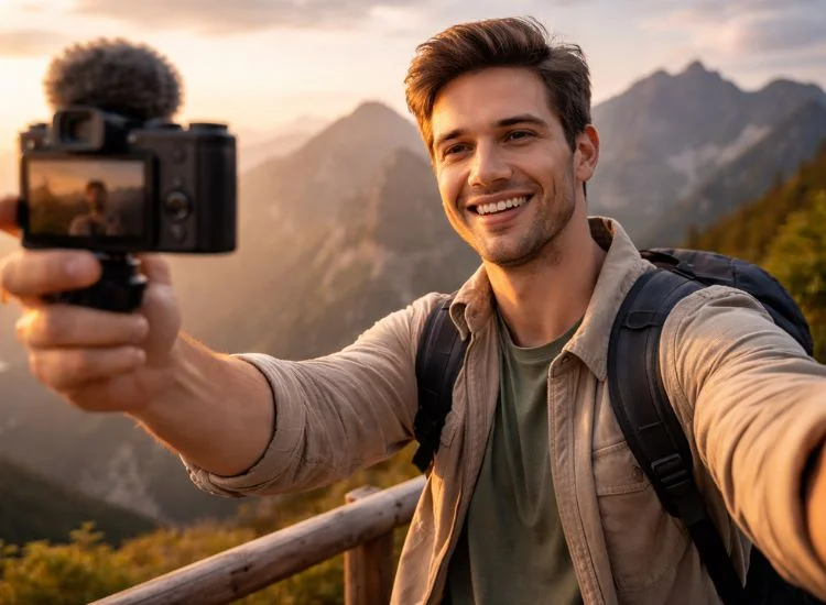 travel vlogger filming for his travel vlog