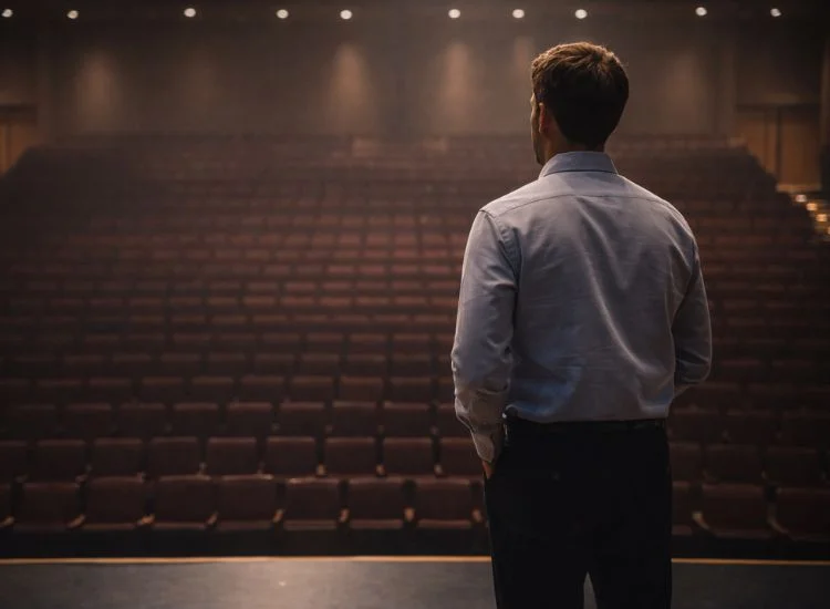 speaker standing on an empty stage looking out at auditorium seats before a presentation