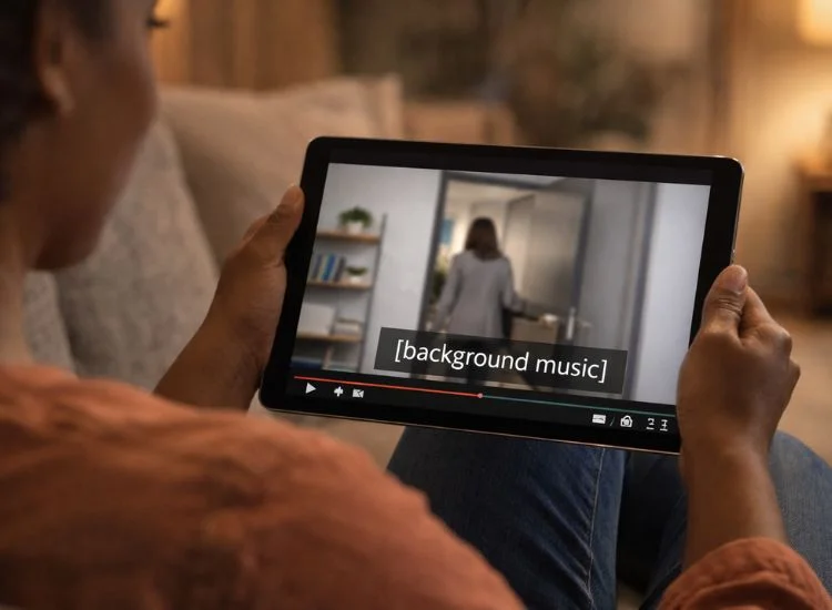 a person watching a video with closed captions on a tablet 
