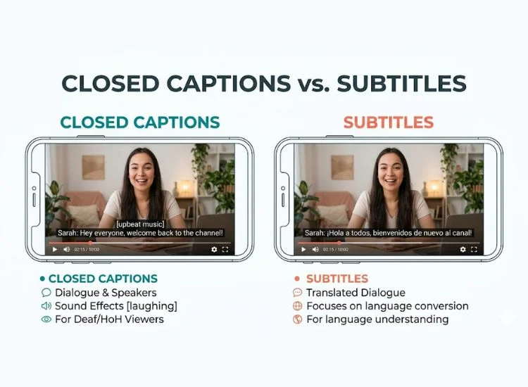 Two examples side by side — closed captions showing dialogue plus "[upbeat music]," versus subtitles showing only translated spoken dialogue.