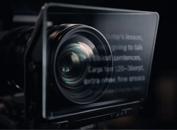 Teleprompter screen positioned directly in front of a camera lens