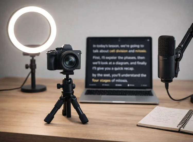 Home studio setup for online teachers including camera, ring light, microphone, and teleprompter app on a laptop