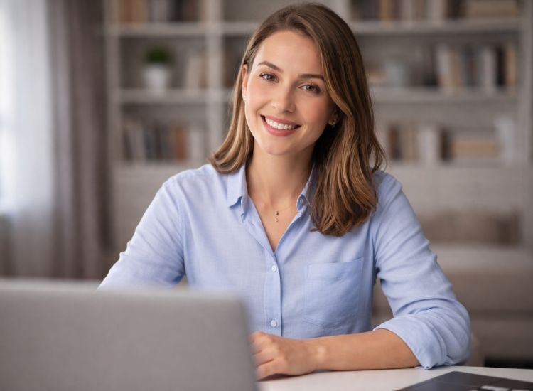 confident-online-teacher-recording-video-lesson-with-teleprompter-laptop