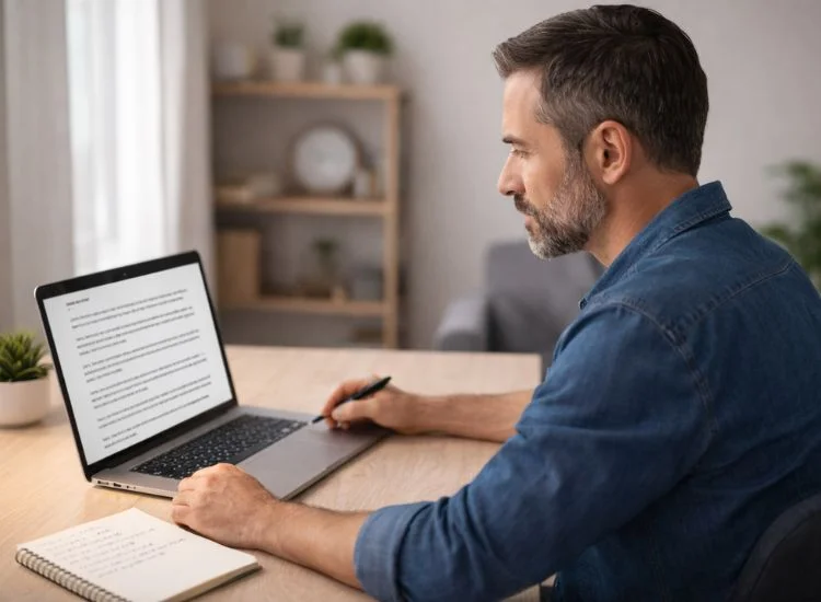 Professional reviewing a webinar script on a laptop screen before going live