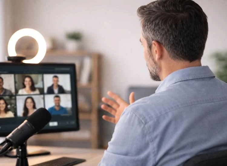 Confident webinar host gesturing while answering audience questions during a live Q&A session