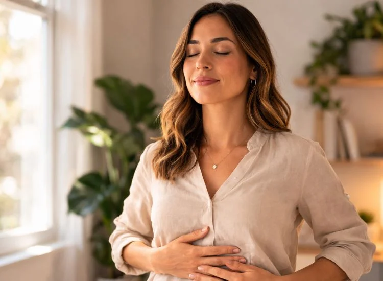 Professional doing a breathing and vocal warm-up exercise before starting a webinar