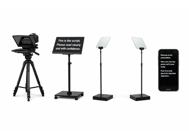 Four types of teleprompters side by side: camera-mounted, floor standing, presidential podium, and software app on a smartphone