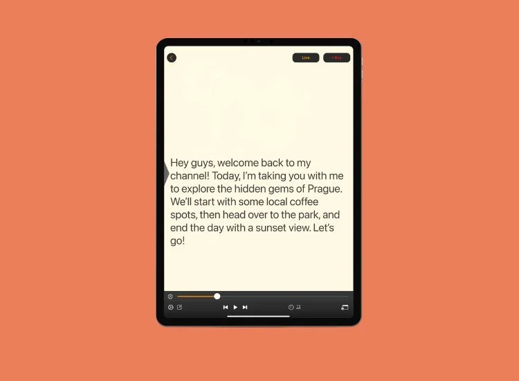Close-up of a teleprompter app on a tablet showing scroll speed controls and a scrolling script