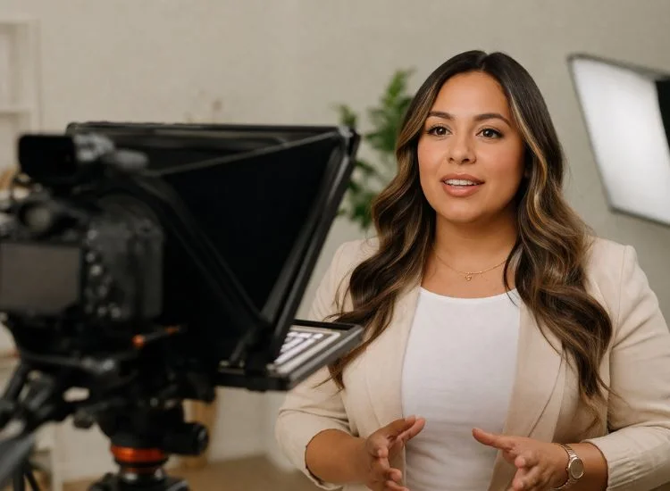 A solo content creator recording a video at their desk using a teleprompter app on a smartphone positioned next to their camera