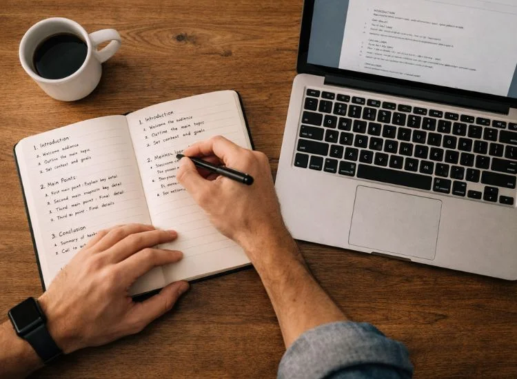writing a tutorial video script outline in a notebook next to an open laptop with a script document on screen