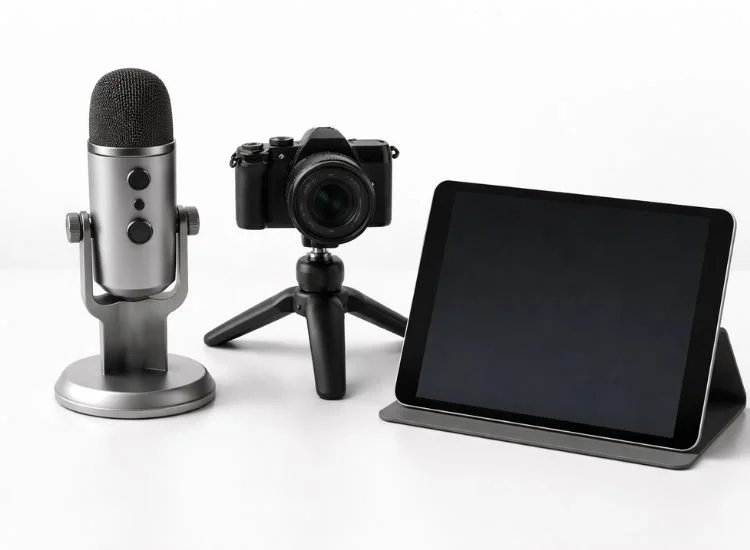 Equipment needed to make tutorial videos laid out on a desk: USB microphone, camera on tripod, and tablet