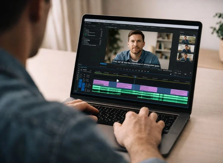 Person editing a tutorial video on a laptop showing a video timeline with subtitle tracks and callout annotations in video editing software