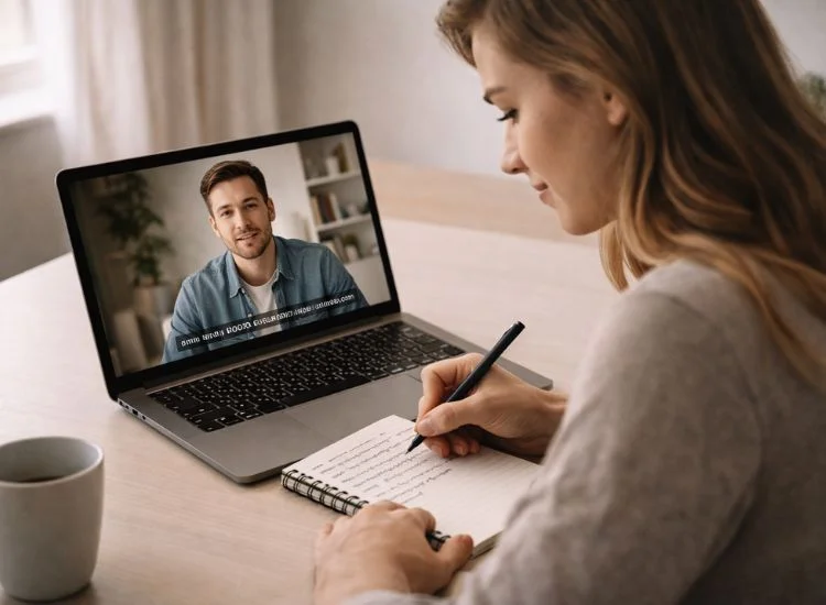 Person watching a tutorial video on a laptop and taking notes in a notebook, learning a new skill from online video content