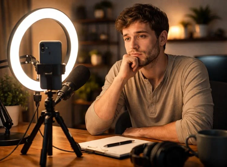 content creator having camera anxiety on recording a video