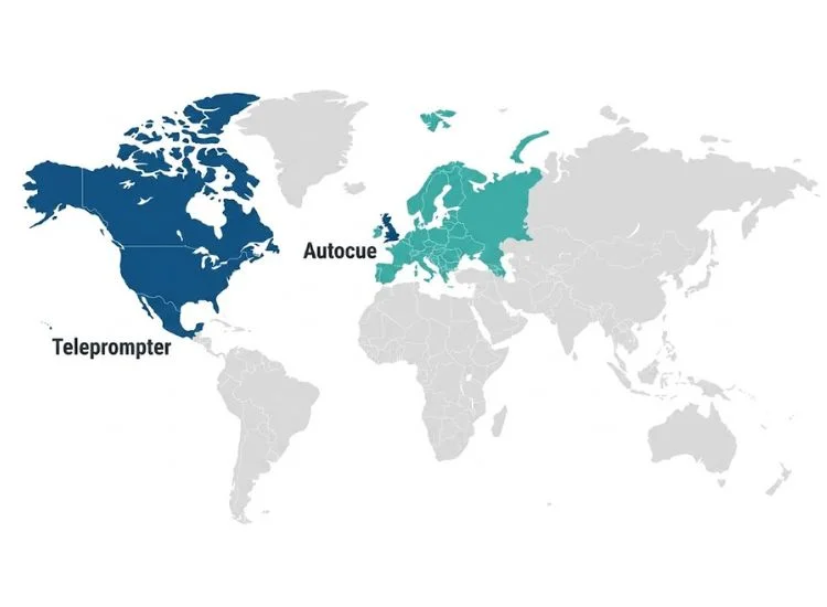 World map showing teleprompter as the term used in North America and autocue as the term used in the UK and Europe