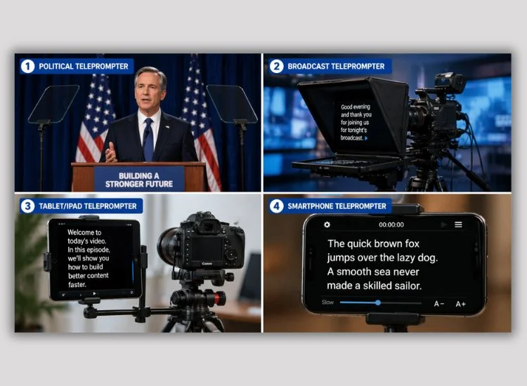 Four types of teleprompters shown side by side: presidential podium setup, camera-mounted beam splitter, iPad teleprompter rig, and teleprompter app on smartphone